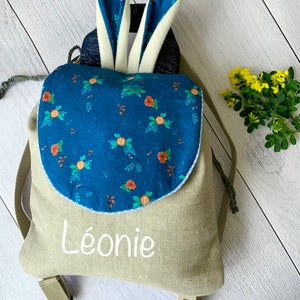 Sac à dos personnalisable maternelle fille, sac à dos en lin et coton bio bleu fleuri