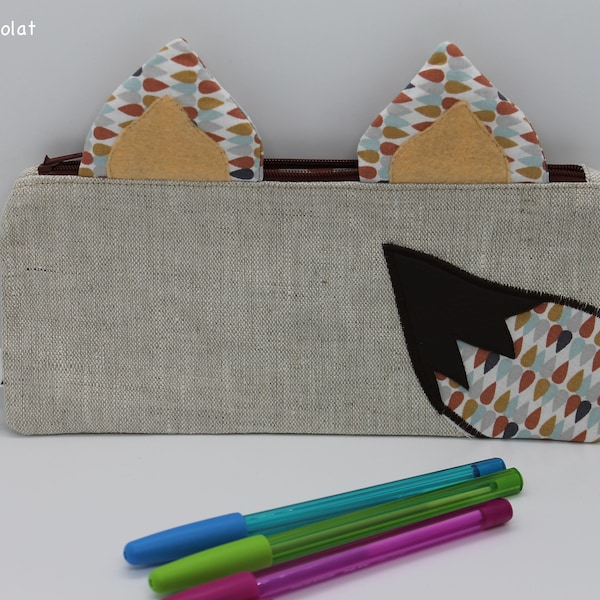 Trousse à crayons renard en lin pour enfant à l’école primaire ou maternelle