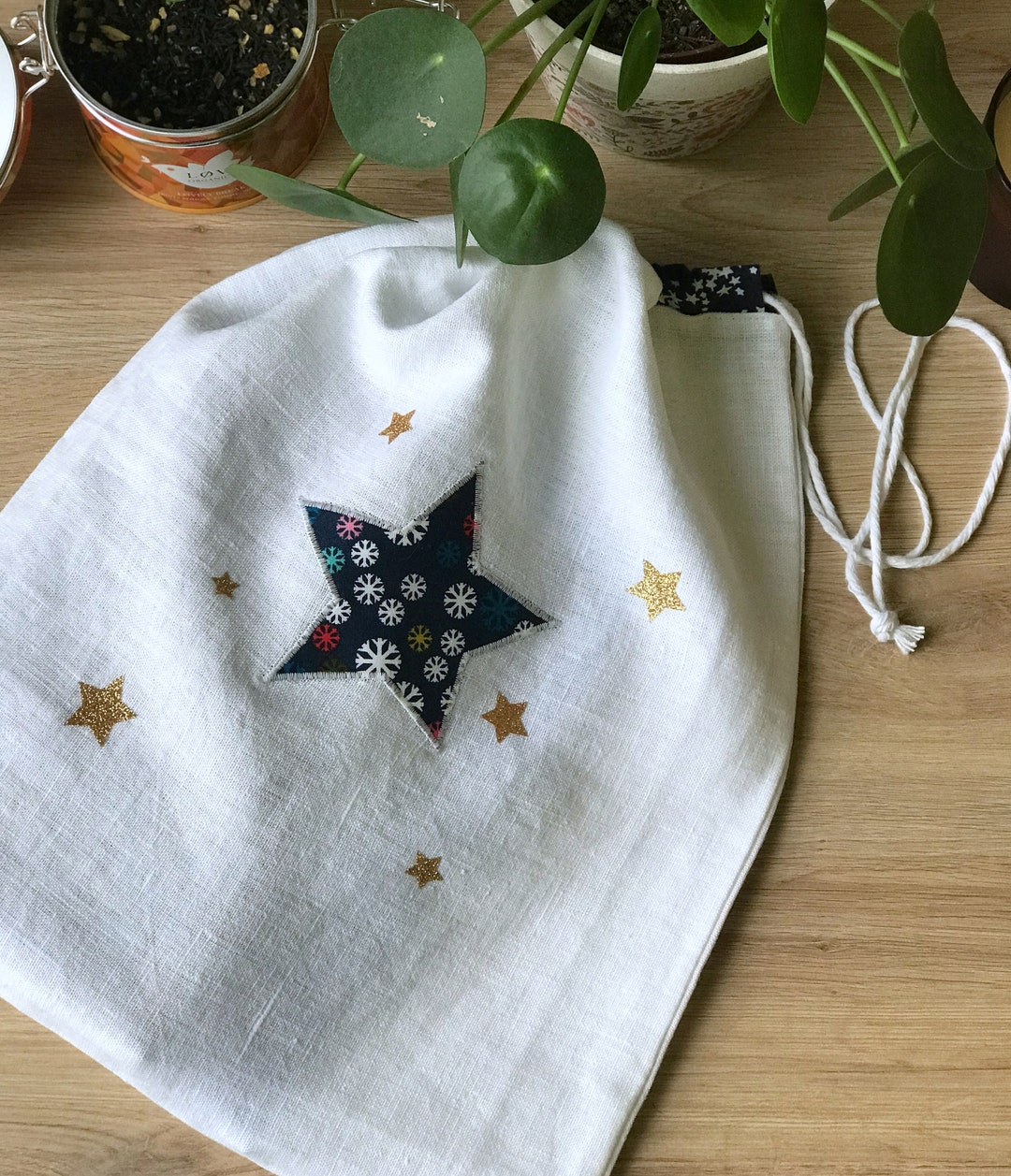 White Linen Gift Bag Star Patterns Reusable Fabric Gift Etsy