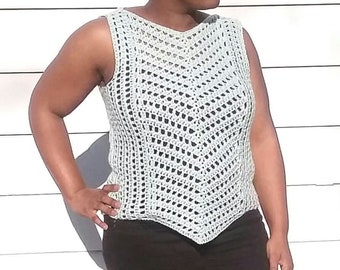 Chevron Dip Tank Pattern // Crochet Spring Summer Lace Beach Cover-up Crochet Dress  V Neck Long Shirt Sleeveless