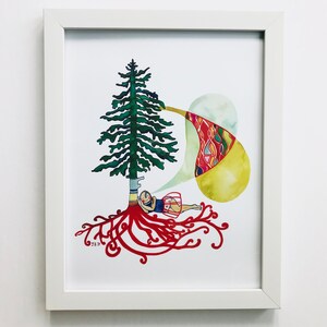 May include: A watercolor painting of a green tree with red roots and a woman lying on the roots. The woman is wearing a blue and red dress. The tree is surrounded by a yellow and green abstract shape.