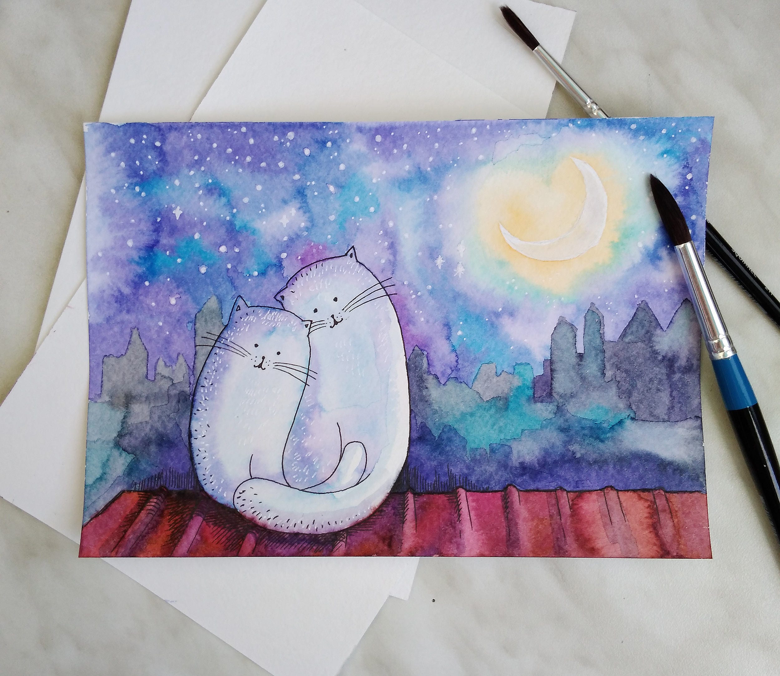Original Couple Cats Watercolor Painting Animal Painting for Etsy