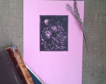 Linocut Print: Apples & Maple Leaves, Black on Pink Still Life Art