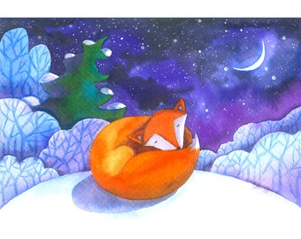 Fox Original Watercolor Winter illustration Christmas gift Nursery animals wall art Painted nursery art Fox & Moon Winter paintings