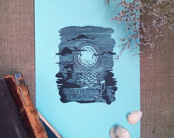 Linocut Print Seascape black on blue print Wall Art OOAK