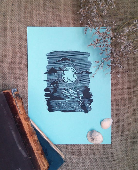 Linocut Print Seascape black on blue print Wall Art OOAK