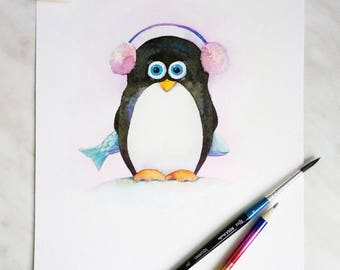 Original Watercolor Baby Penguin Painting: Winter Nursery Art