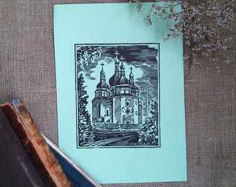 Linocut Print Landscape with church Black on green, white brown print Wall Art OOAK