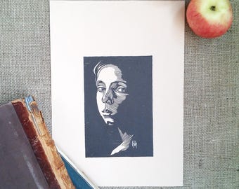 Linocut Print Girl portrait print Wall Art OOAK