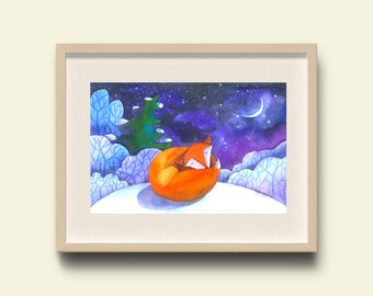 Fox Watercolor Art Print Winter illustration Christmas gift Nursery animals art prints Printable nursery art Fox & Moon Winter print