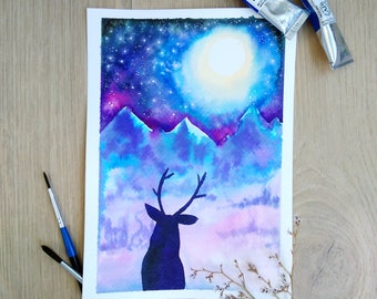 Original Watercolor painting Deer Winter mountain landscape night & the Moon illustration Christmas gift animals paintings