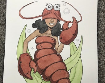 Maine Lobster - Original Watercolor Painting on Paper 9x12", Black Girl Magic, Cute Ocean Art