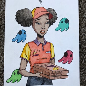 May include: A watercolor illustration of a person wearing a red and yellow uniform with the word "PIZZA" on it. The person is holding a stack of pizza boxes with the word "PIZZA" on them. There are several blue, green, and red ghost-like shapes around the person.