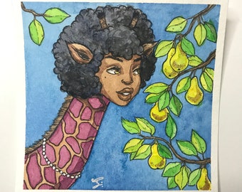 Window Set A- Original Watercolor Painting on Paper, Mini Painting, Giraffe Art