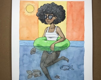 Unter der Oberfläche - Original Aquarellmalerei auf Papier 11x13,5" | Sommer Ozean Kunst| Black Girl Magic, Schwarze Frauen