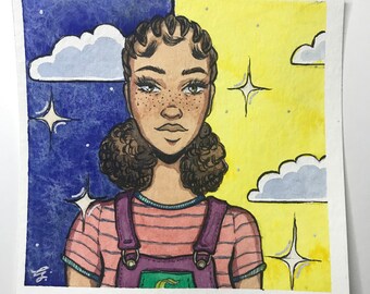 May include: A watercolor painting of a person with brown hair and freckles wearing a pink and white striped shirt with a purple overall. The background is a split blue and yellow sky with clouds and stars.