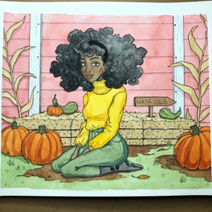 Herfstportretten - Originele aquarel schilderij op papier 9x12&quot;, Black Girl Magic, Zwarte vrouwen, Herfst kunst