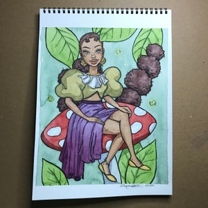 Ethereal - Original Watercolor Painting on Paper 9x12", Mushroom Fairy, African American Art