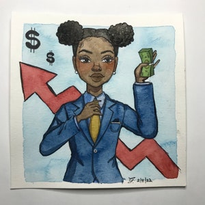 May include: A watercolor illustration of a person wearing a blue suit and holding a stack of money. The person has brown skin, black hair, and is smiling. A red arrow with dollar signs is in the background.