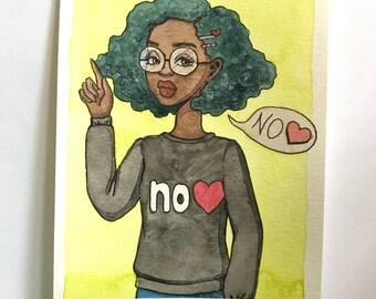 No Heart Illustration - Original Watercolor Painting on Paper, Small Painting