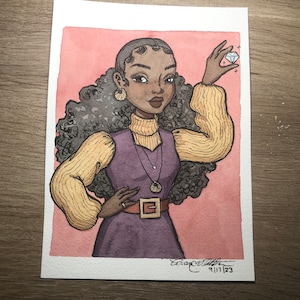 Mina de diamantes - Pintura original de acuarela sobre papel, pintura pequeña, arte de mujeres negras
