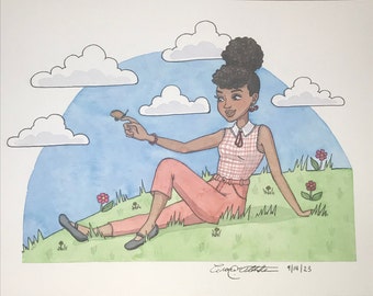 Peaceful Spring- Original Watercolor Painting on Paper 9x12", Flower Meadow, African American Art