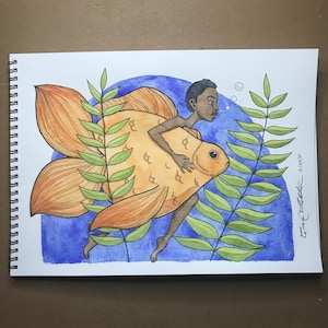 Guide - Original Watercolor Painting on Paper 12x9&quot; | Ocean Goldfish Art| Black Girl Magic, Black Women