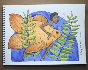 Anleitung - Original Aquarell auf Papier 12x9" | Ozean Goldfisch Kunst| Black Girl Magic, Schwarze Frauen