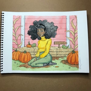 Fall Portraits Original Watercolor Painting on Paper 9x12, Black Girl Magic, Black Women, Autumn Art image 2