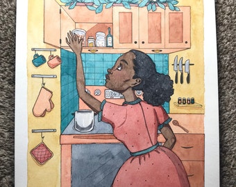 Homemaker - Original Aquarell auf Papier 20x30 cm, Schwarzes Mädchen Magie, Schwarze Frauen, Küchenkunst