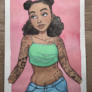 May include: Watercolour illustration of a person with dark curly hair in space buns, wearing a green crop top and blue jeans. The person has tattoos on both arms and a crown tattoo on their hip. The background is pink.