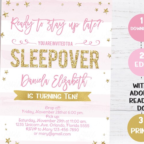 Editable Slumber Party Sleepover Invitation Pajama Party - Etsy