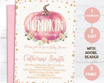 Pumpkin Baby Shower Invitations, Girl Fall Baby Shower Invitations. Watercolor Floral Pumpkin, Gold Foil, Instant dowload Editable Templates