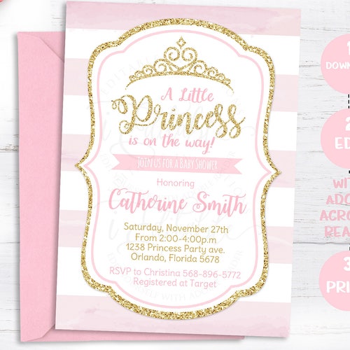 Editable Princess Baby Shower Invitation Pink and Gold Little Etsy