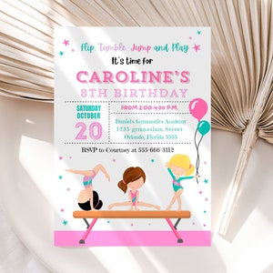 Invitación GIMNASIA Invitación de cumpleaños de gimnasia Invitaciones para niñas Fiesta gimnástica Plantilla de invitaciones editables Descarga instantánea