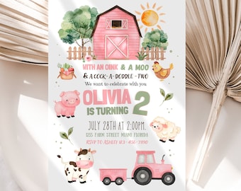 Girl Farm birthday invitation Editable Farm Animals Barnyard Invite 2nd birthday any age Printable template Digital download