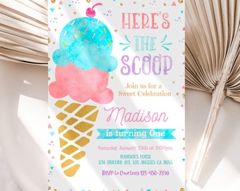 Ice Cream Invitation Editable Ice cream birthday invite Summer party Watercolor Girl invitation pink and gold Instant download template