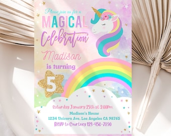 RAINBOW UNICORN Birthday Invitation Editable Unicorn Invitations Instant Download Magical Unicorn Party Unicorn face invite Pink Gold