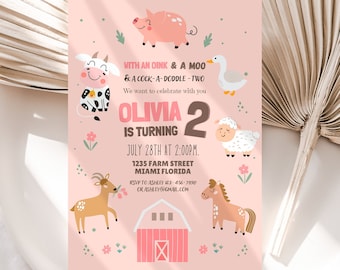 Girl Farm birthday invitation Editable Farm Animals Barnyard Invite Modern pastel Printable template Digital download