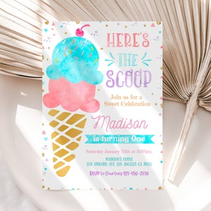 Invitación de helado Invitación de cumpleaños de helado editable Fiesta de verano Invitación de niña de acuarela Plantilla de descarga instantánea rosa y dorada