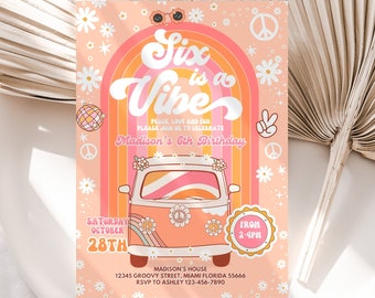 Editable Groovy 6th Birthday Invitation EDITABLE SIX is a Vibe Daisy Rainbow Hippie Invite Template Instant Download