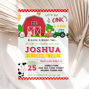 Invitación de cumpleaños de granja niño animales de granja invitan a Barnyard Plantilla de invitaciones editables Descarga digital