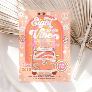 Editable Groovy 8th Birthday Invitation EDITABLE Eight is a Vibe Daisy Rainbow Hippie Invite Template Instant Download