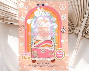 Editable Groovy 6th Birthday Invitation EDITABLE SIX is a Vibe Daisy Rainbow Hippie Invite Template Instant Download