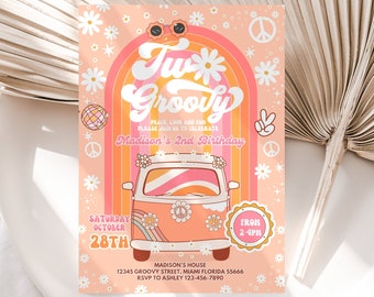 Editable TWO Groovy Birthday Invitation EDITABLE Girl Daisy Rainbow Groovy 2nd Birthday Invite Hippie Party Template Instant Download
