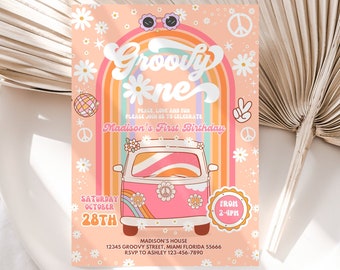 Editable Groovy One Birthday Invitation EDITABLE Daisy Rainbow Groovy 1st Birthday Invite Hippie Party Template Instant Download