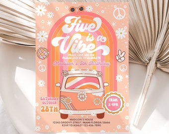 Editable Groovy 5th Birthday Invitation EDITABLE Five is a Vibe Daisy Rainbow Hippie Invite Template Instant Download