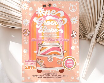 Edytowalne zaproszenie na urodziny ONE Groovy Babe EDYTOWALNE Daisy Rainbow 1st Birthday Hippie Party Szablon zaproszenia Natychmiastowe pobranie