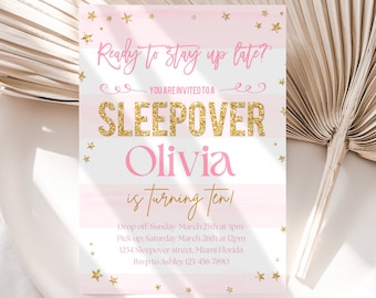 Sleepover Invitation Editable Slumber Party Invite Girl Pink Birthday Invitation Pajama Party Printable Template Digital Download