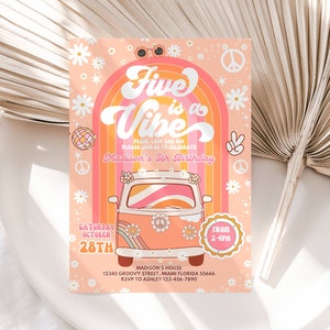 May include: A peach-colored invitation with a rainbow background and a groovy van. The text reads "Five is a Vibe" and "Madison's 5th Birthday". The invitation is for a party from 2-4pm on Saturday, October 28th.